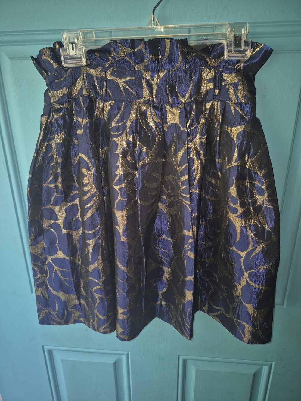 Walter Baker Metallic Blue Gold Floral Jacquard Paperbag Mini Skirt 4 Holiday...